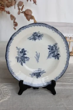 Assiette creuse ancienne en terre de fer Onnaing – Décor végétal bleu