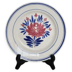 Assiette creuse ancienne faïence de Gien - Décor fleuri rouge et bleu