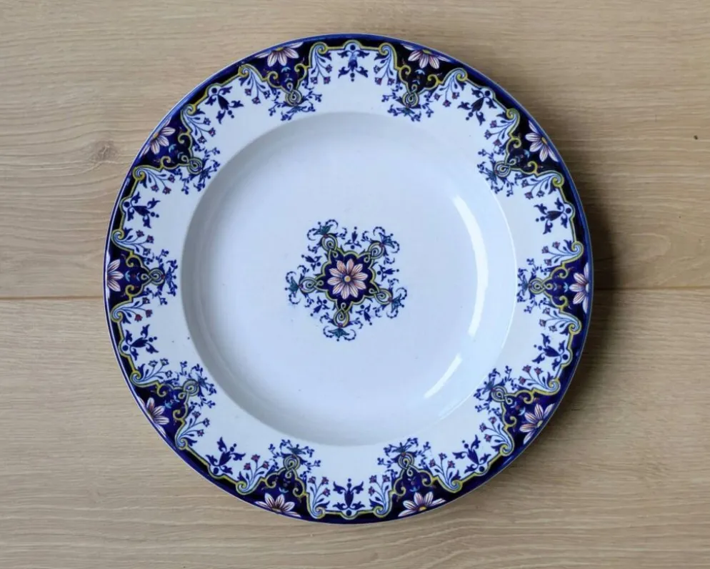 Assiette Creuse en Faïence - Décor "Style Rouen" - Marque JVB - Fin XIXe