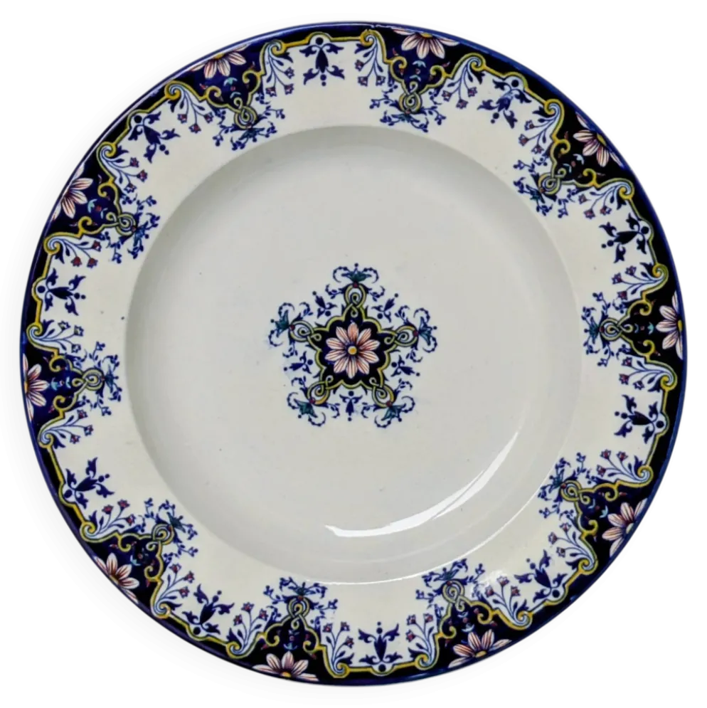 Assiette Creuse en Faïence - Décor "Style Rouen" - Marque JVB - Fin XIXe