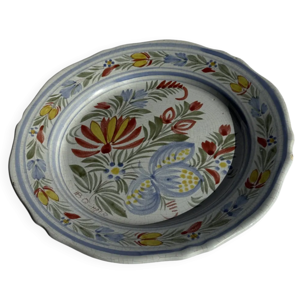 Assiette décorative ancienne IB Quimper à décor floral polychrome D24