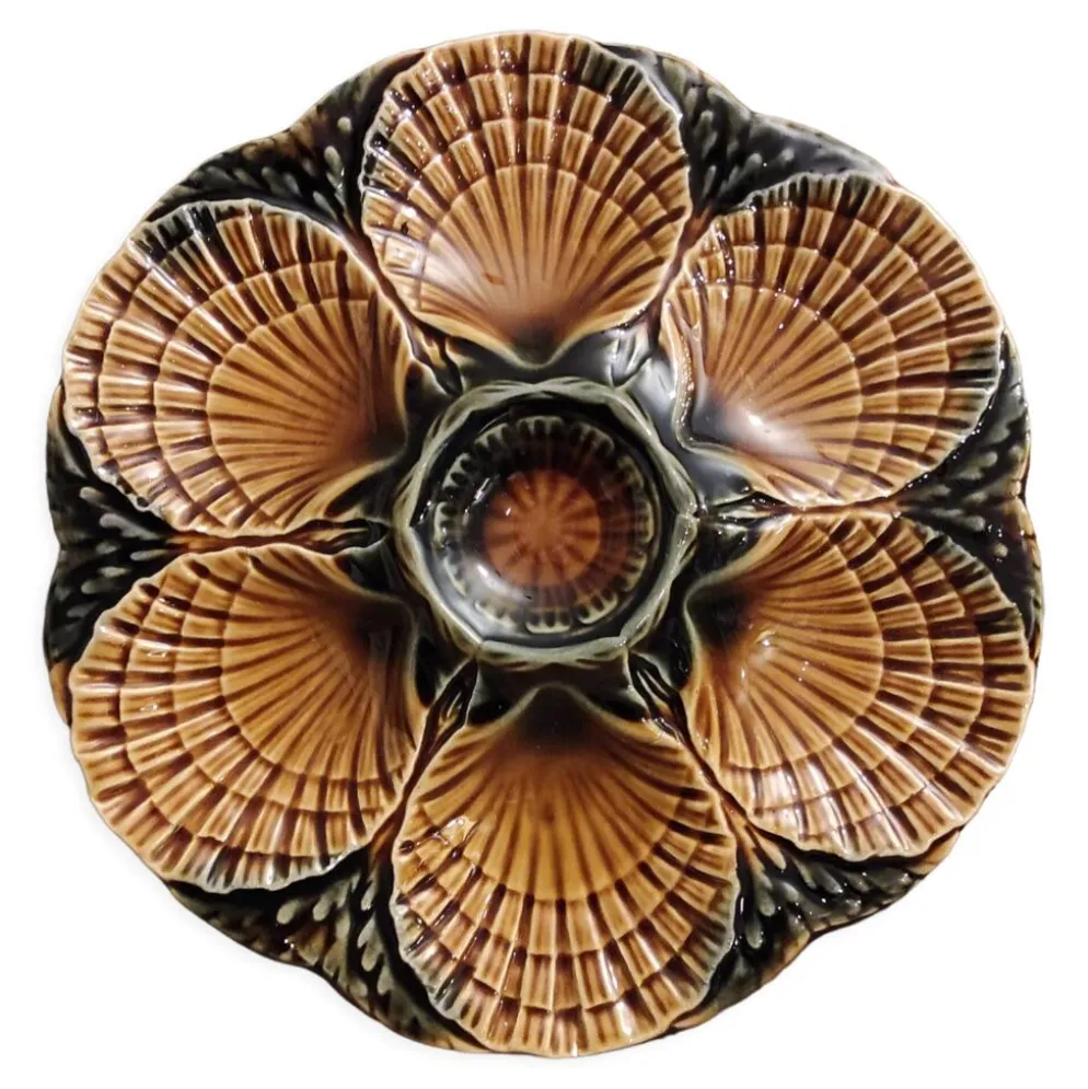 Assiette à huîtres en majolique vintage Français de Sarreguemines