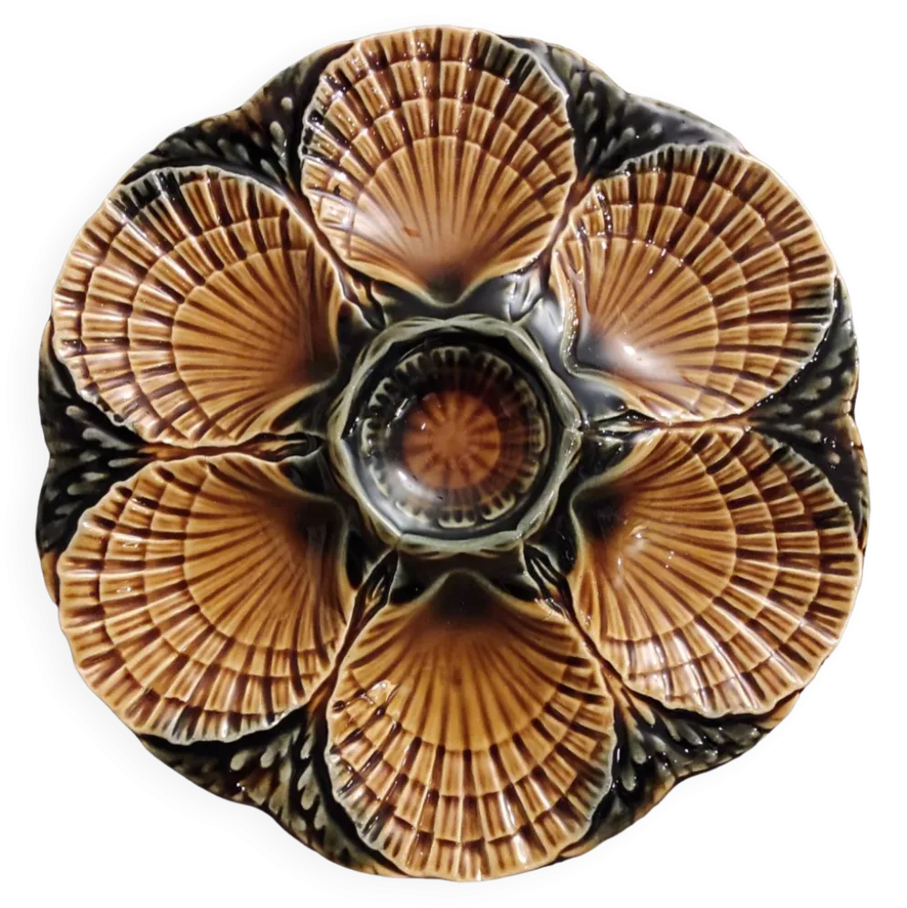 Assiette à huîtres en majolique vintage Français de Sarreguemines