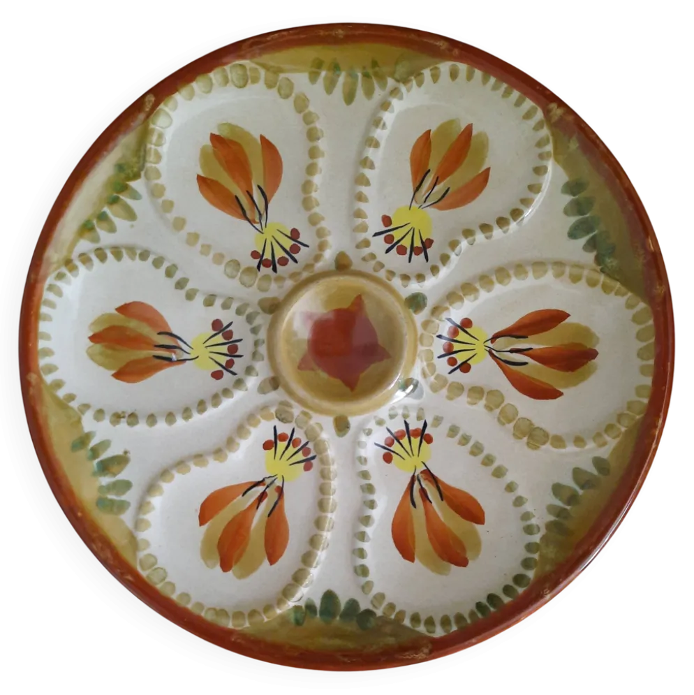 Assiette à huîtres hb henriot quimper grès 23 cm décor floral breton