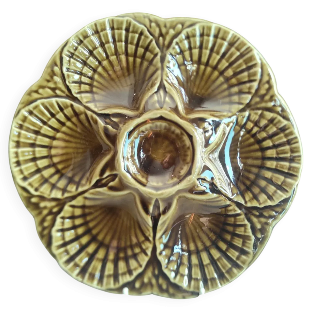 Assiette à huîtres vintage en majolique française de Sarreguemines