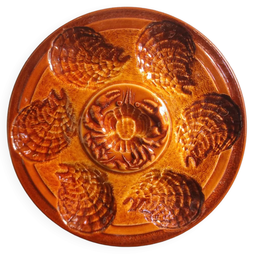 Assiette à huîtres vintage française en majolique de Sarreguemines