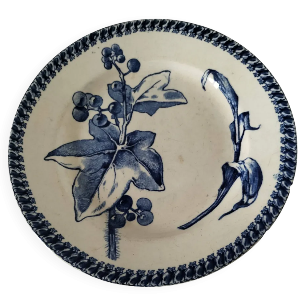 assiette piédouche E. Bourgeois Grand Dépôt décor bleu végétal