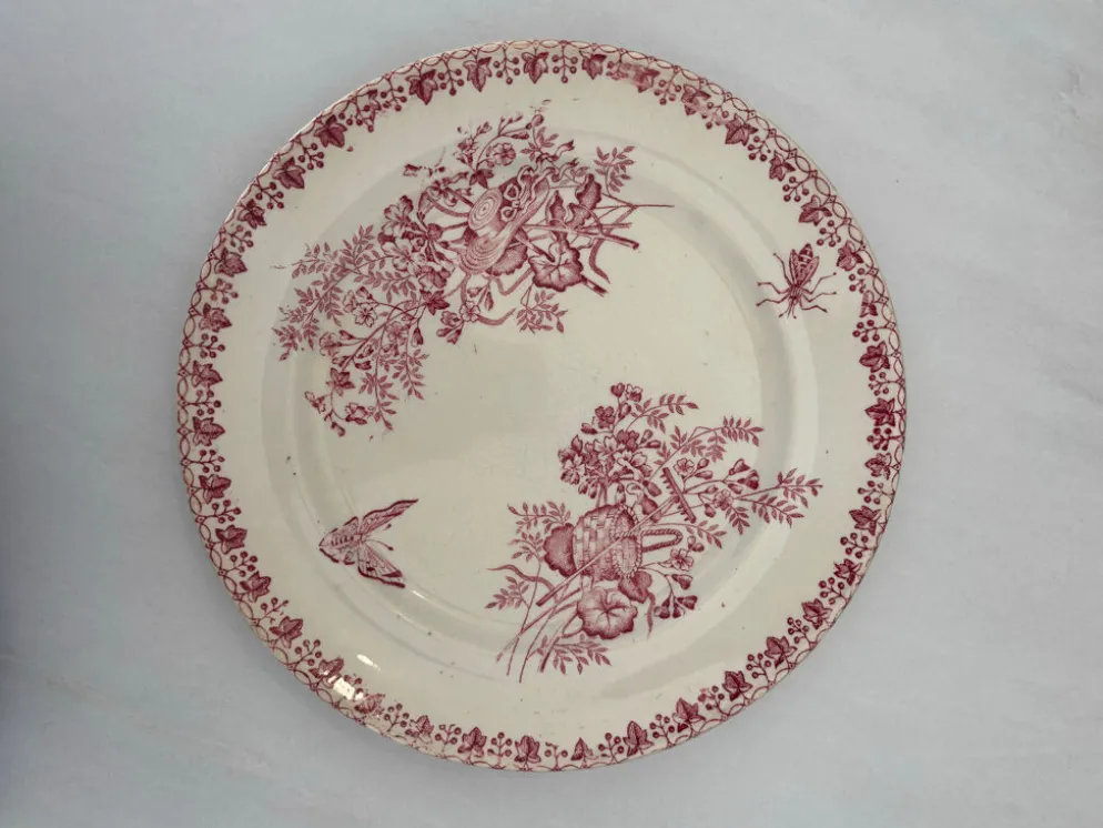 Assiette plate ancienne terre de fer rose Onnaing | Faïence française