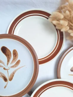 Assiette plates à fleurs marron années 1970