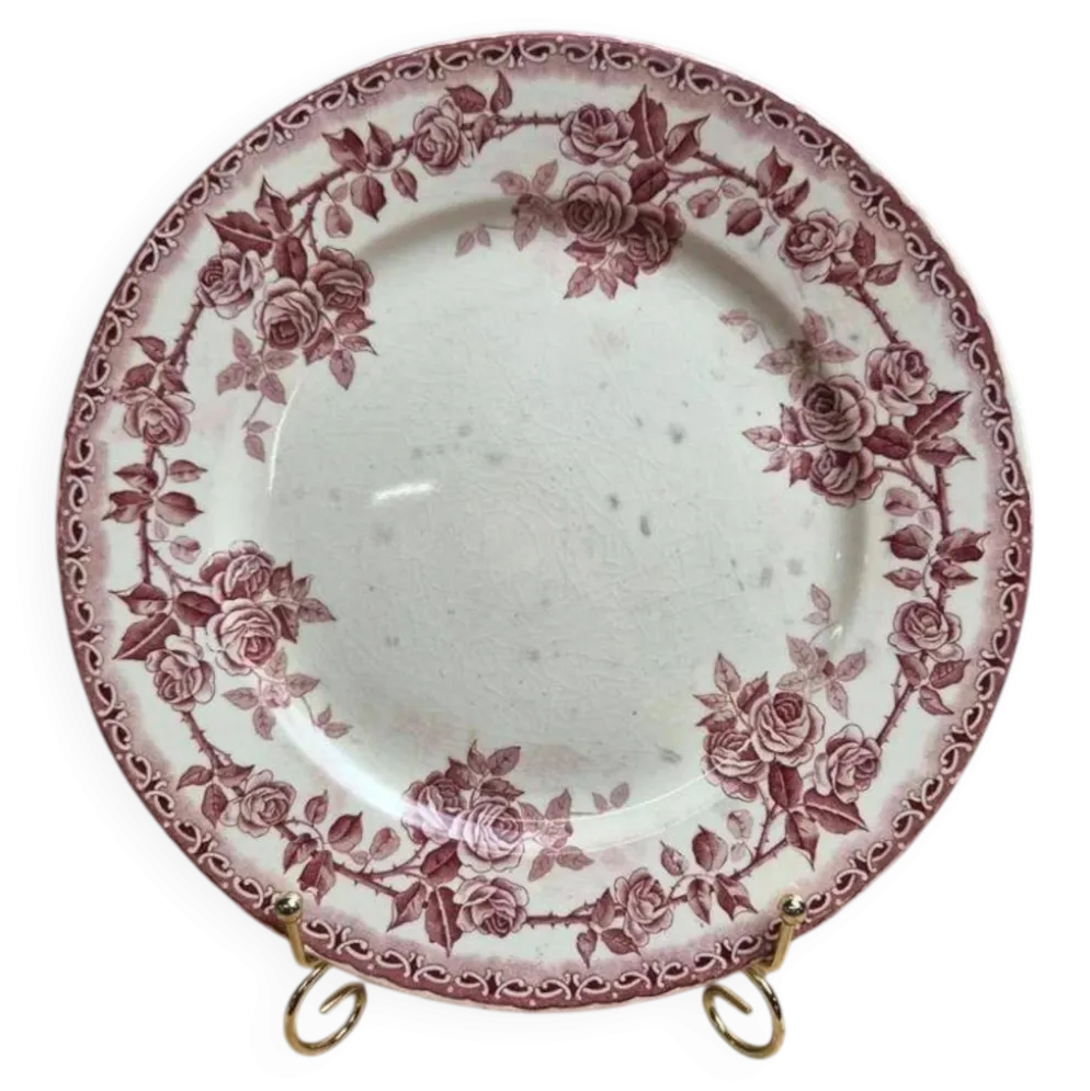 Assiette plate terre de fer H. Boulenger Choisy-le-roi modèle Paris – roses bordeaux