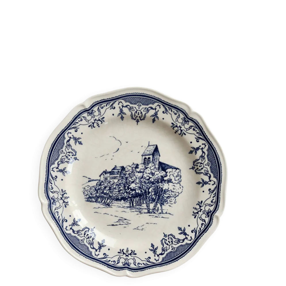 Assiette plate vintage faïence de Gien – Décor bleu romantique