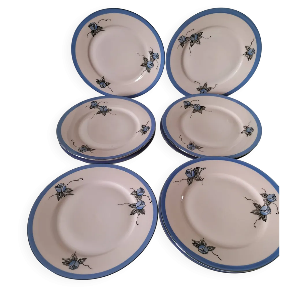 8 assiettes Art déco roses et bleues – Tchécoslovaquie – années 1930