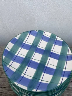 10 assiettes à carreaux en céramique bleu et vert