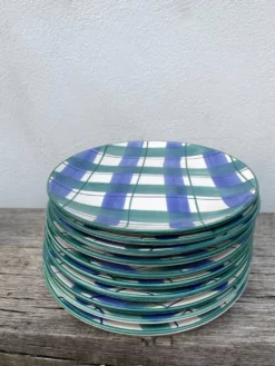 10 assiettes à carreaux en céramique bleu et vert