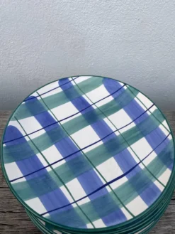 10 assiettes à carreaux en céramique bleu et vert