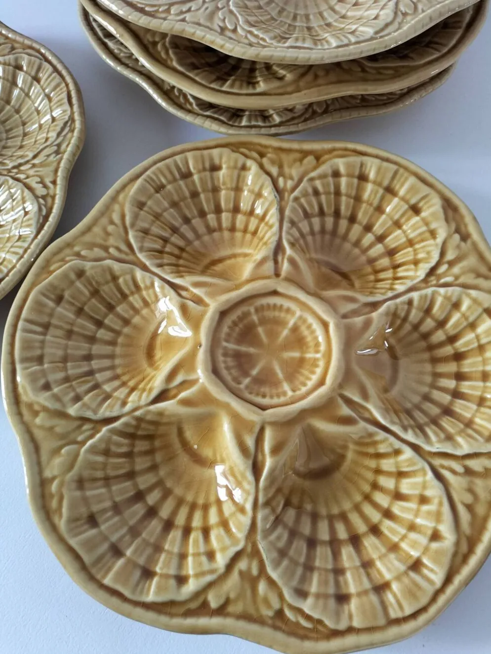 5 assiettes à coquillages Sarreguemines caramel, années 50