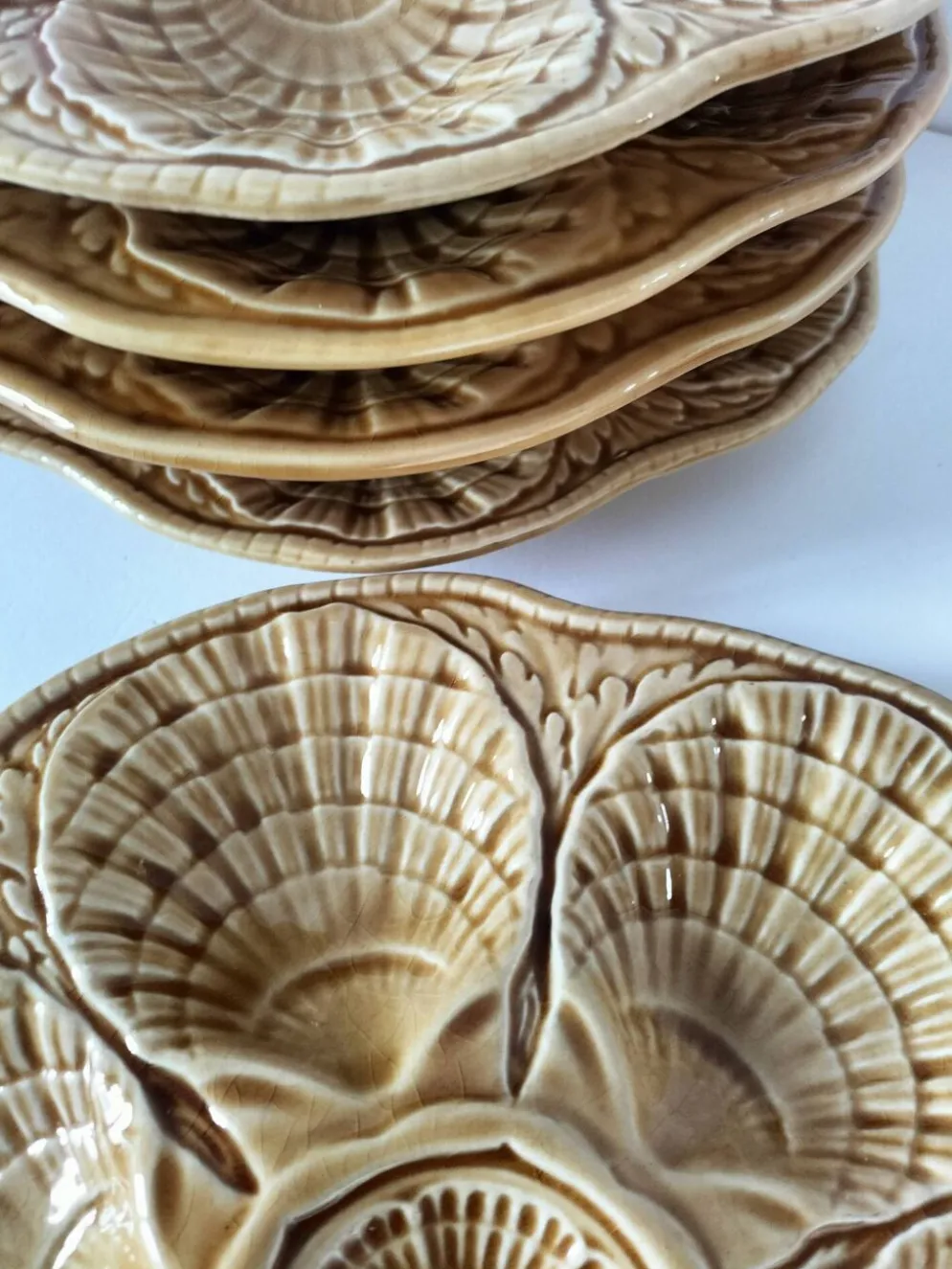 5 assiettes à coquillages Sarreguemines caramel, années 50
