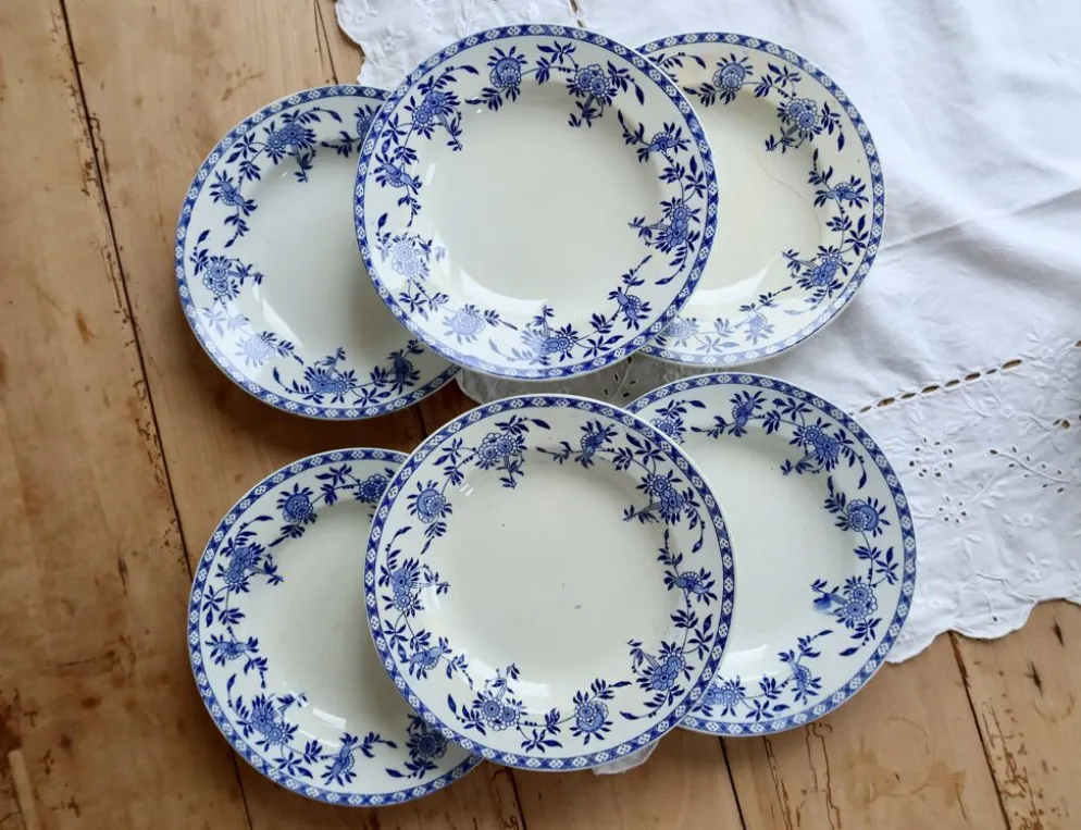 6 assiettes creuses anciennes porcelaine de Dresde bleu blanc