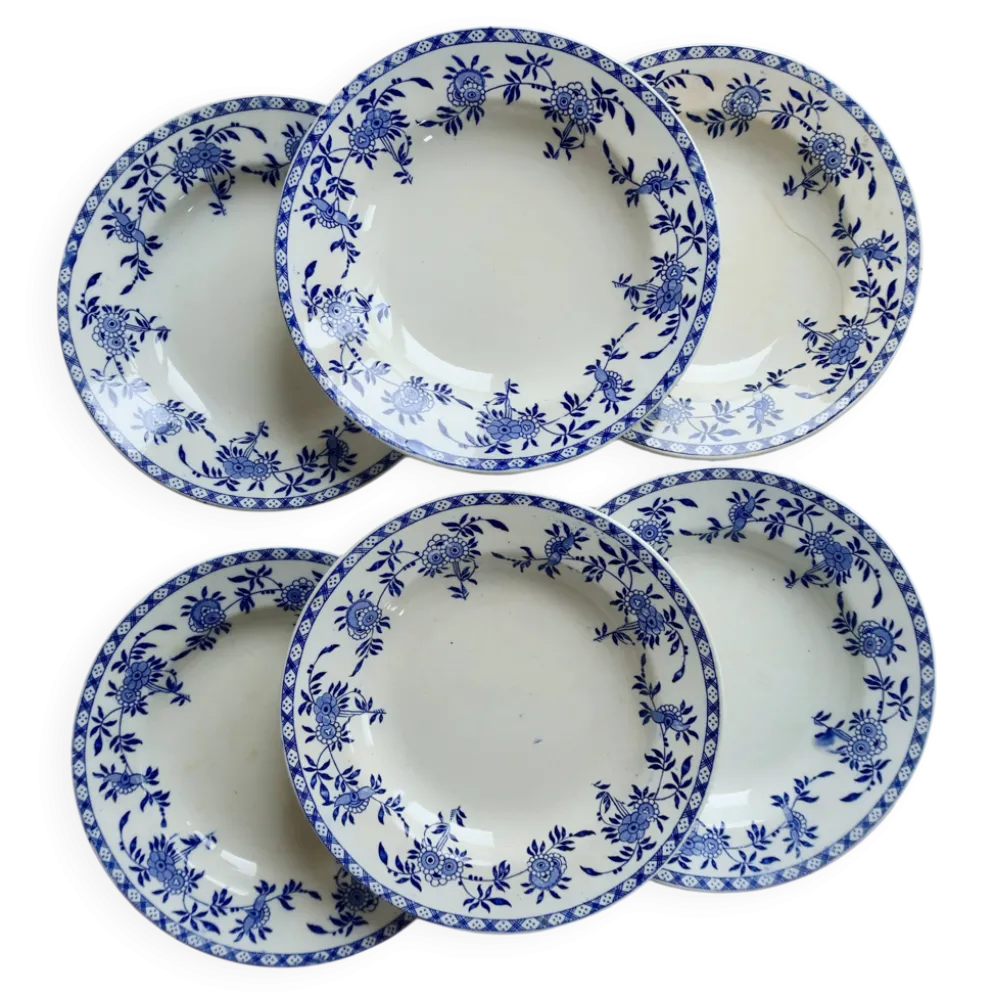6 assiettes creuses anciennes porcelaine de Dresde bleu blanc