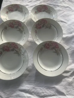 6 assiettes creuses en porcelaine motif pivoines art déco