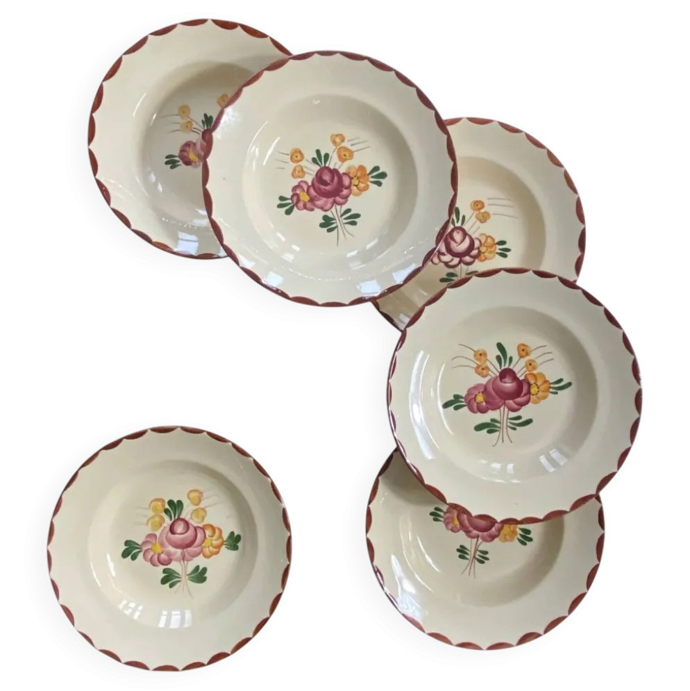 6 assiettes creuses faïence ancienne Longchamp modèle Agen