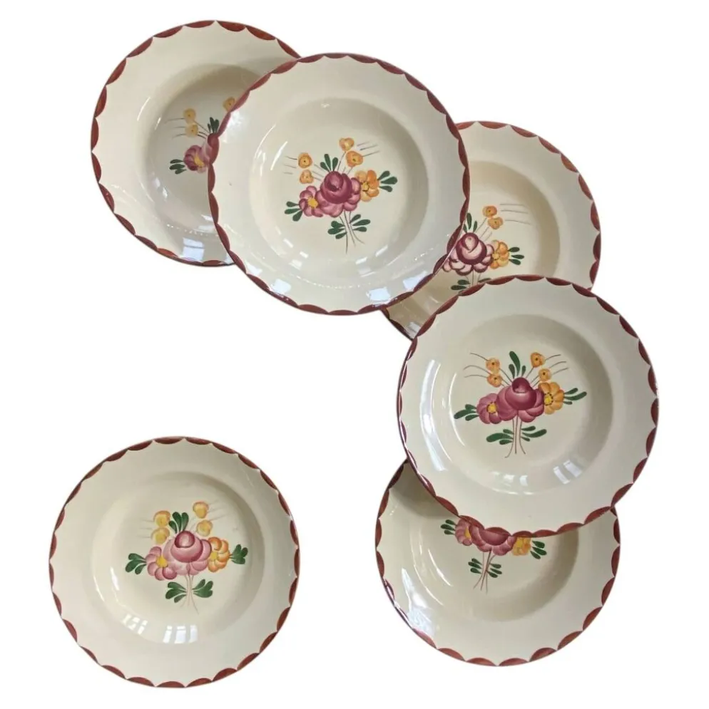 6 assiettes creuses faïence ancienne Longchamp modèle Agen