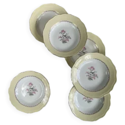 6 assiettes creuses faïence ancienne crème dorure avec fleurs Amandinoise
