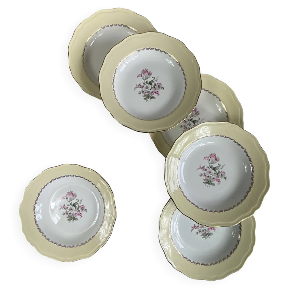 6 assiettes creuses faïence ancienne crème dorure avec fleurs Amandinoise