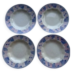 4 assiettes creuses HBCM Dolly 1930 bleu/rose céramique/faïence abstrait