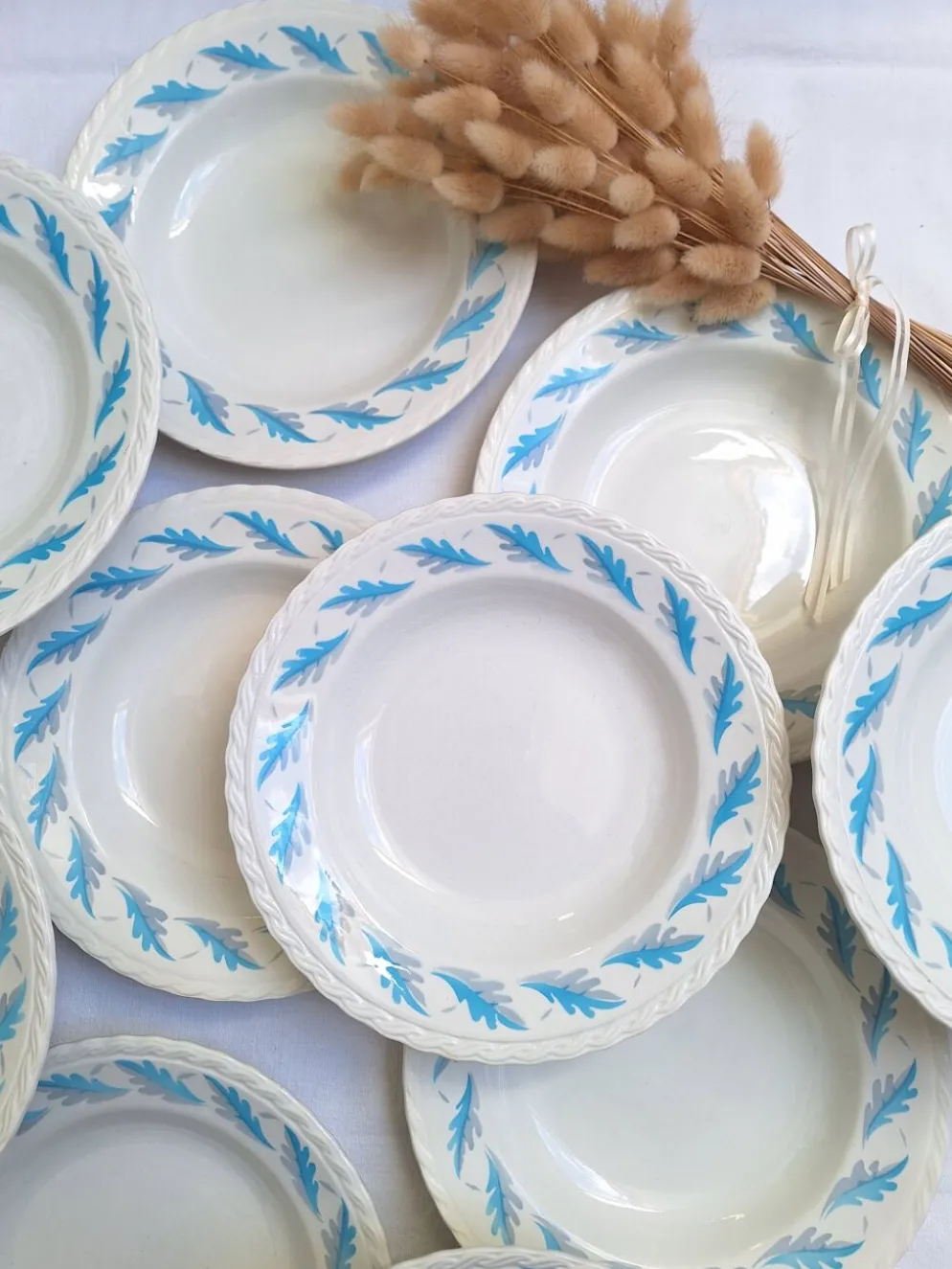Assiettes creuses l'amandinoise feuilles de chêne bleu vintage