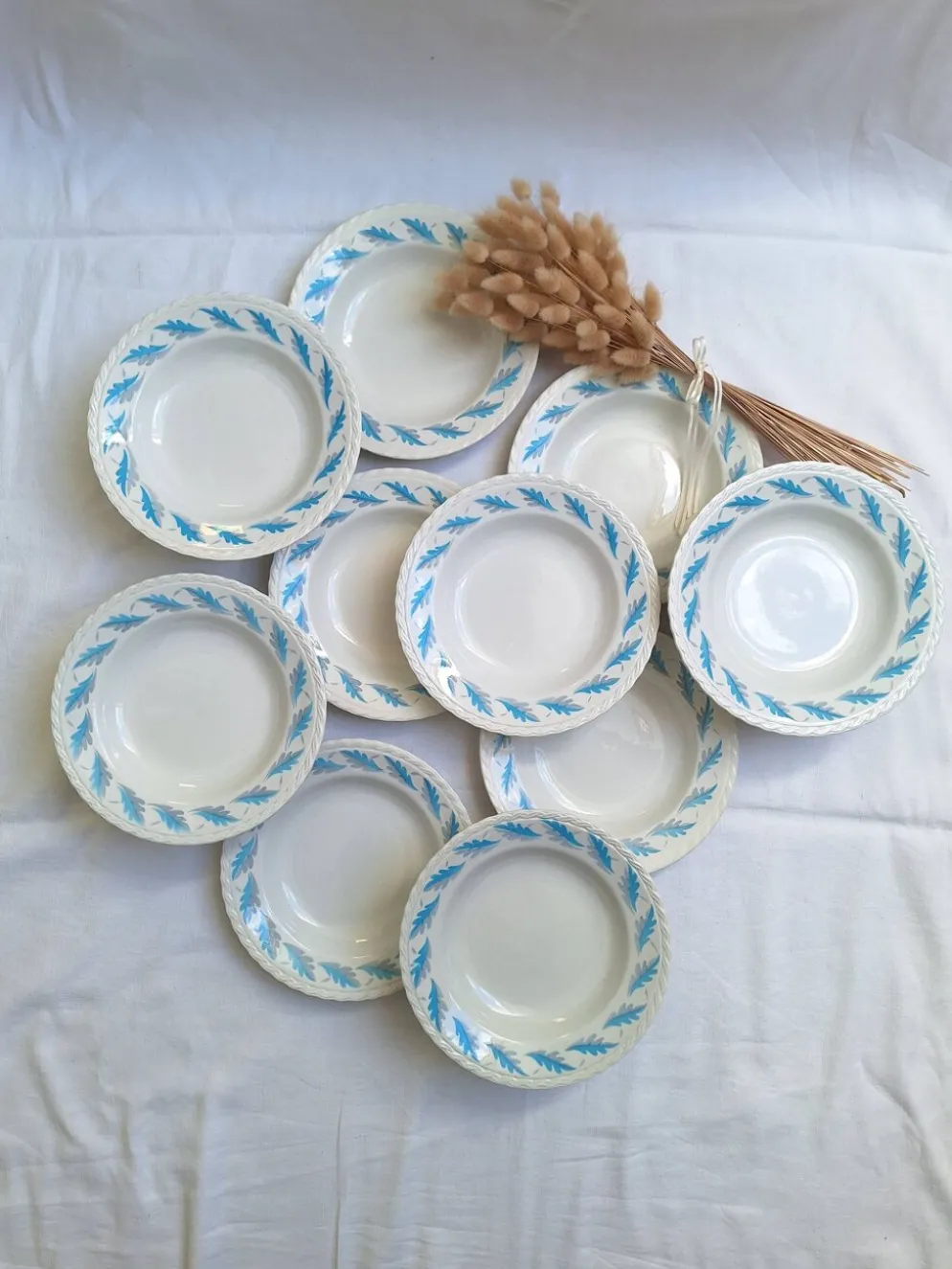 Assiettes creuses l'amandinoise feuilles de chêne bleu vintage