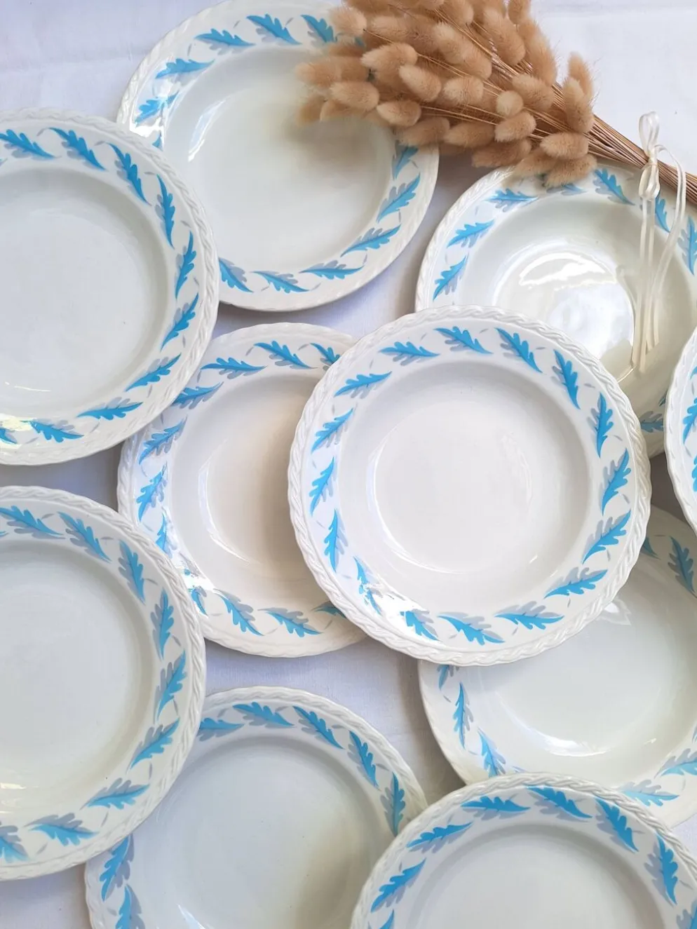 Assiettes creuses l'amandinoise feuilles de chêne bleu vintage