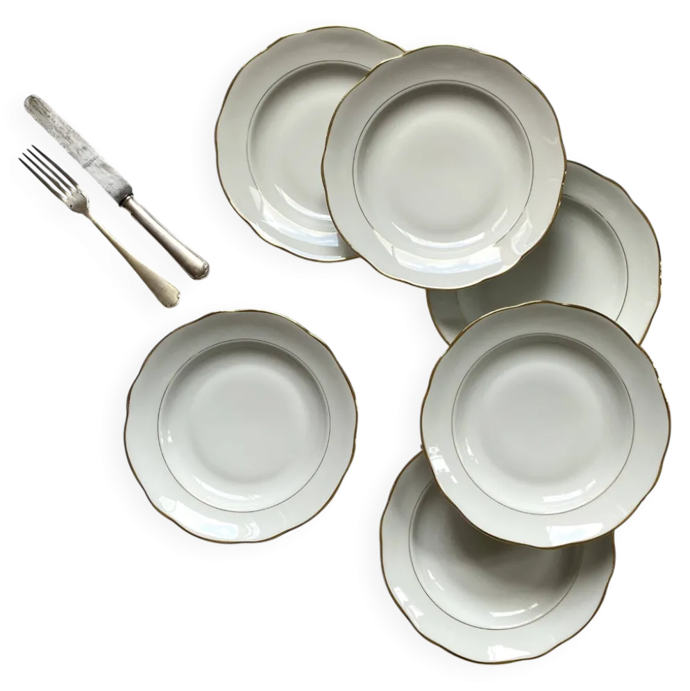 6 assiettes creuses porcelaine blanche dorure Sologne Lamotte