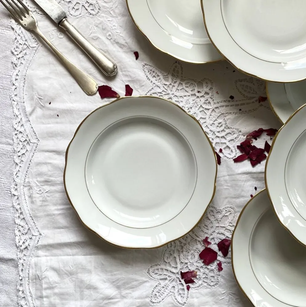 6 assiettes creuses porcelaine blanche dorure Sologne Lamotte