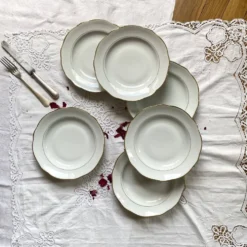6 assiettes creuses porcelaine blanche dorure Sologne Lamotte
