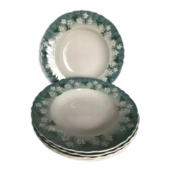 5 assiettes creuses Sarreguemines bord ondulé bleu fleurs blanches