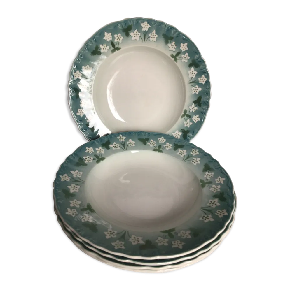 5 assiettes creuses Sarreguemines bord ondulé bleu fleurs blanches