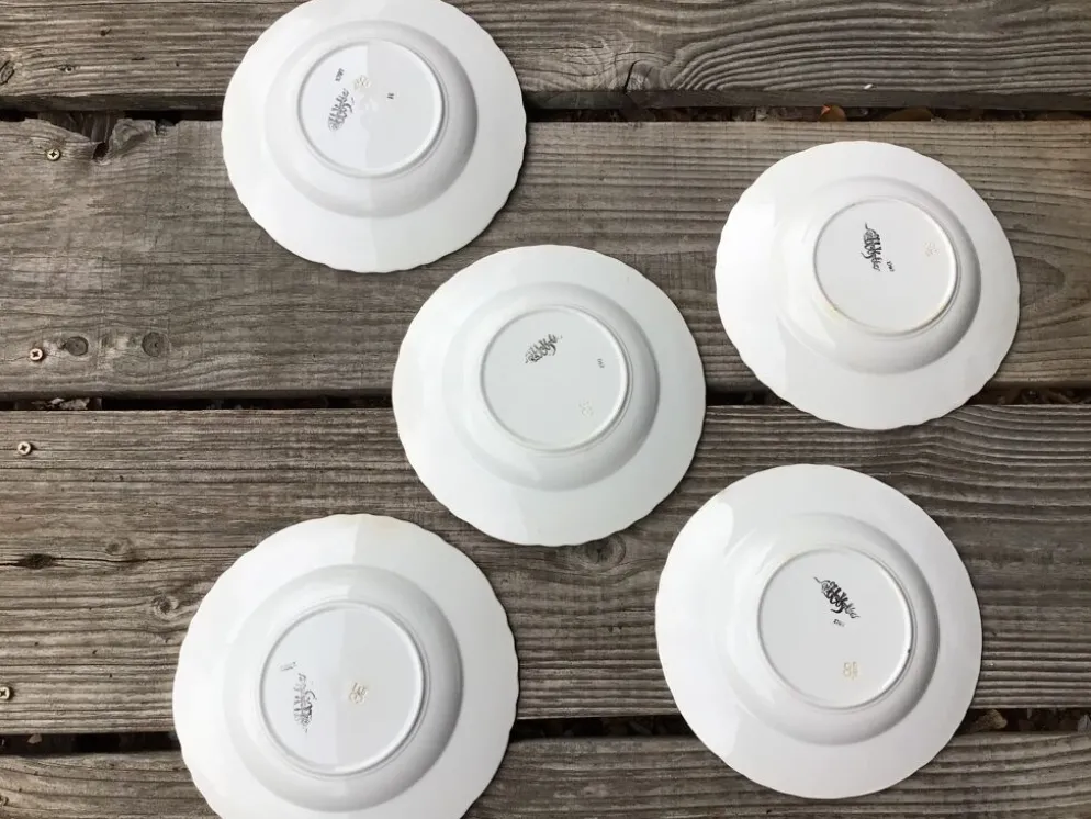 5 assiettes creuses Sarreguemines bord ondulé bleu fleurs blanches