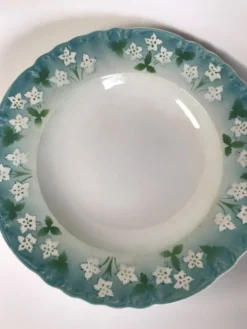 5 assiettes creuses Sarreguemines bord ondulé bleu fleurs blanches