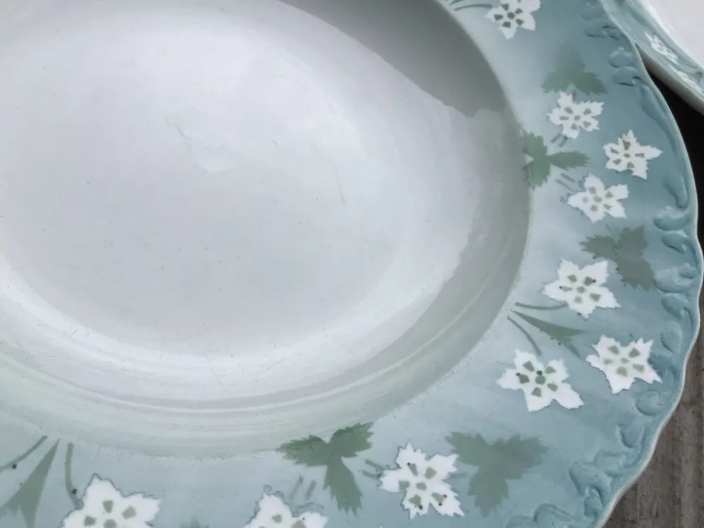 5 assiettes creuses Sarreguemines bord ondulé bleu fleurs blanches