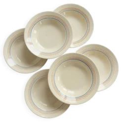 6 assiettes creuses vintage faïence ivoire – liserés bleu pâle et orange