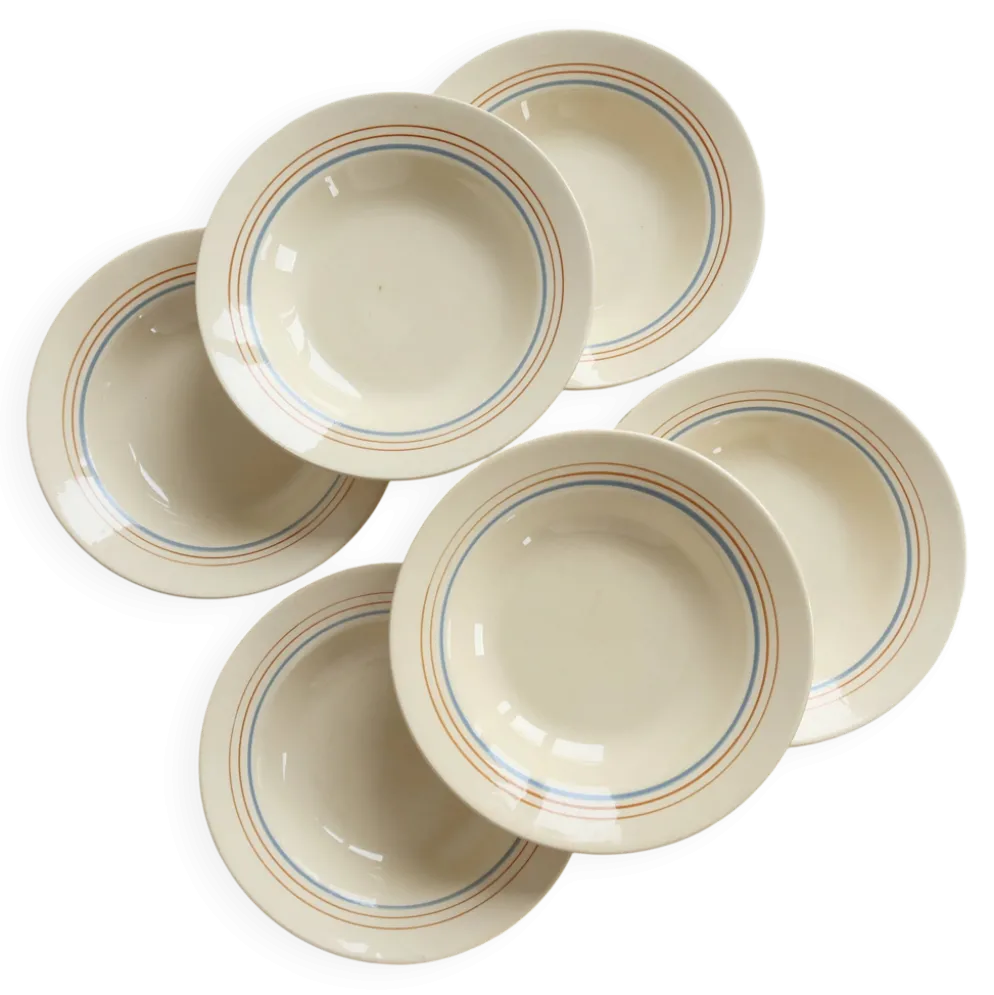 6 assiettes creuses vintage faïence ivoire – liserés bleu pâle et orange