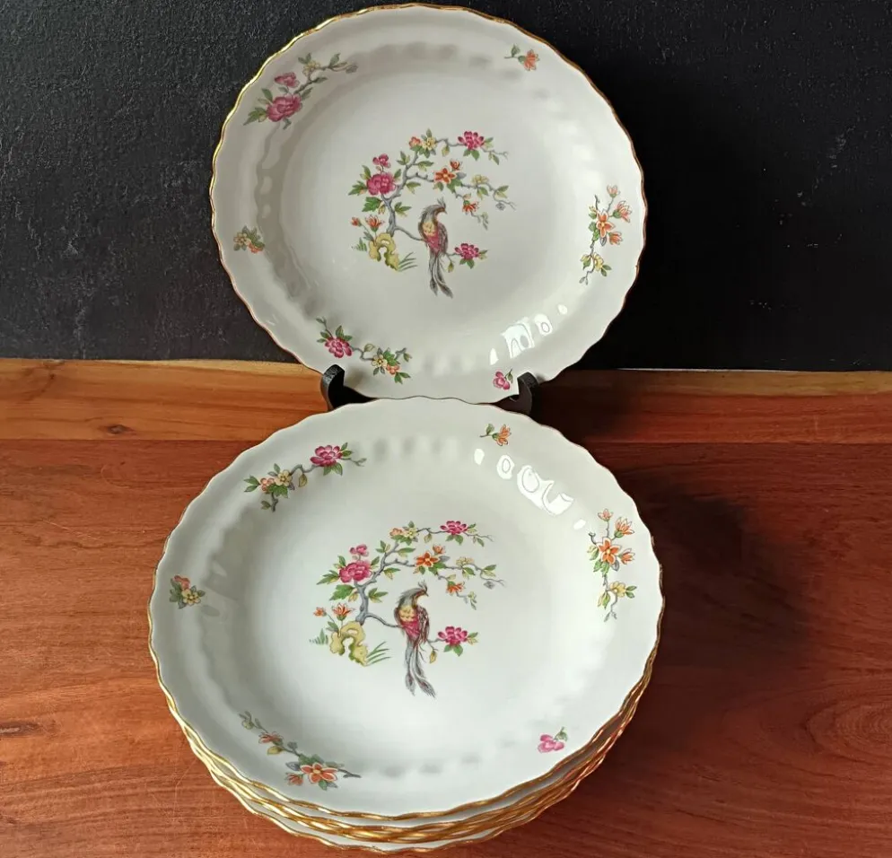 6 assiettes creuses vintage, porcelaine Vitriam France