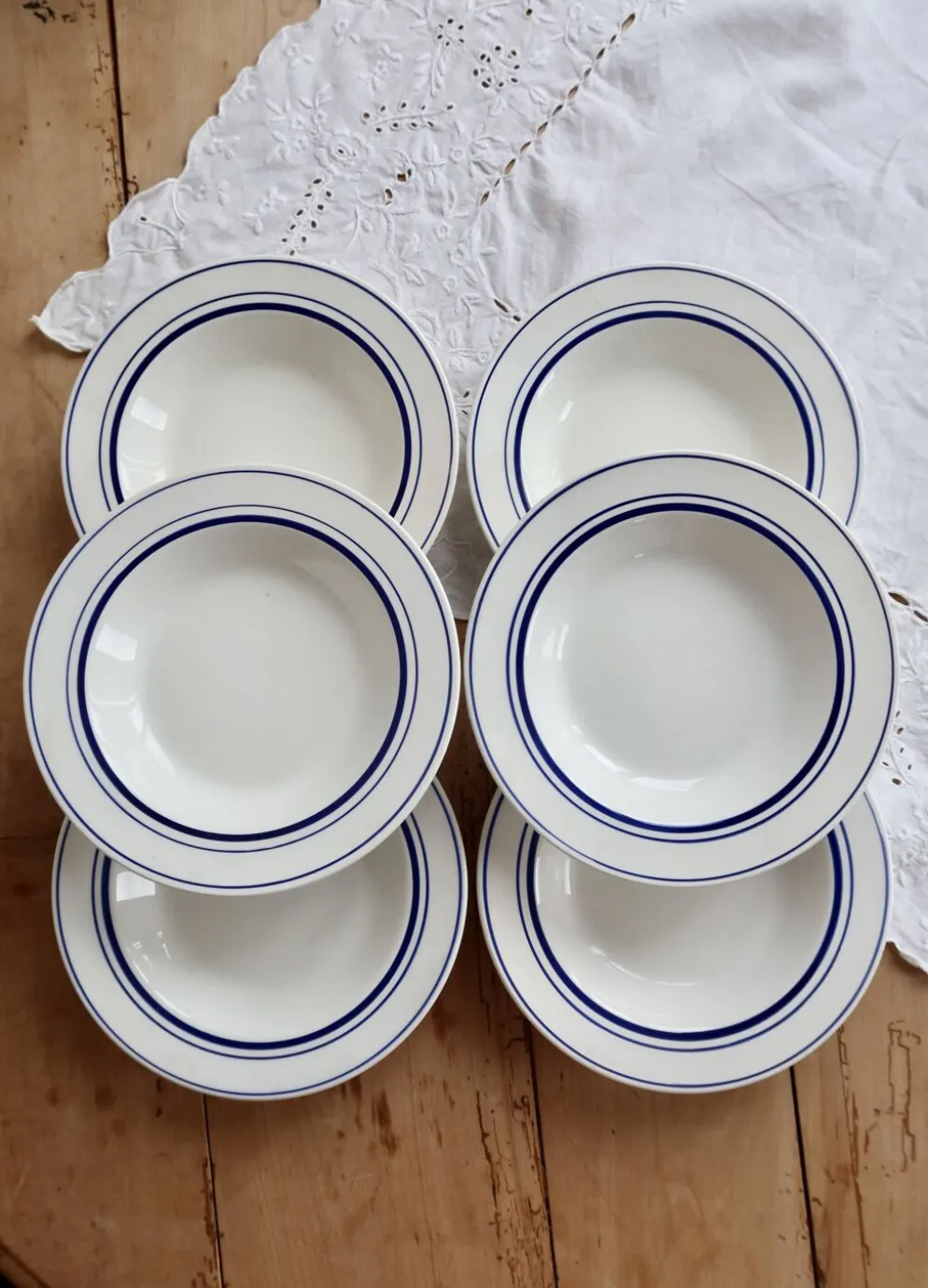 6 assiettes creuses vintage style bistrot porcelaine bleue et blanche