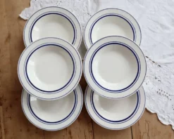 6 assiettes creuses vintage style bistrot porcelaine bleue et blanche