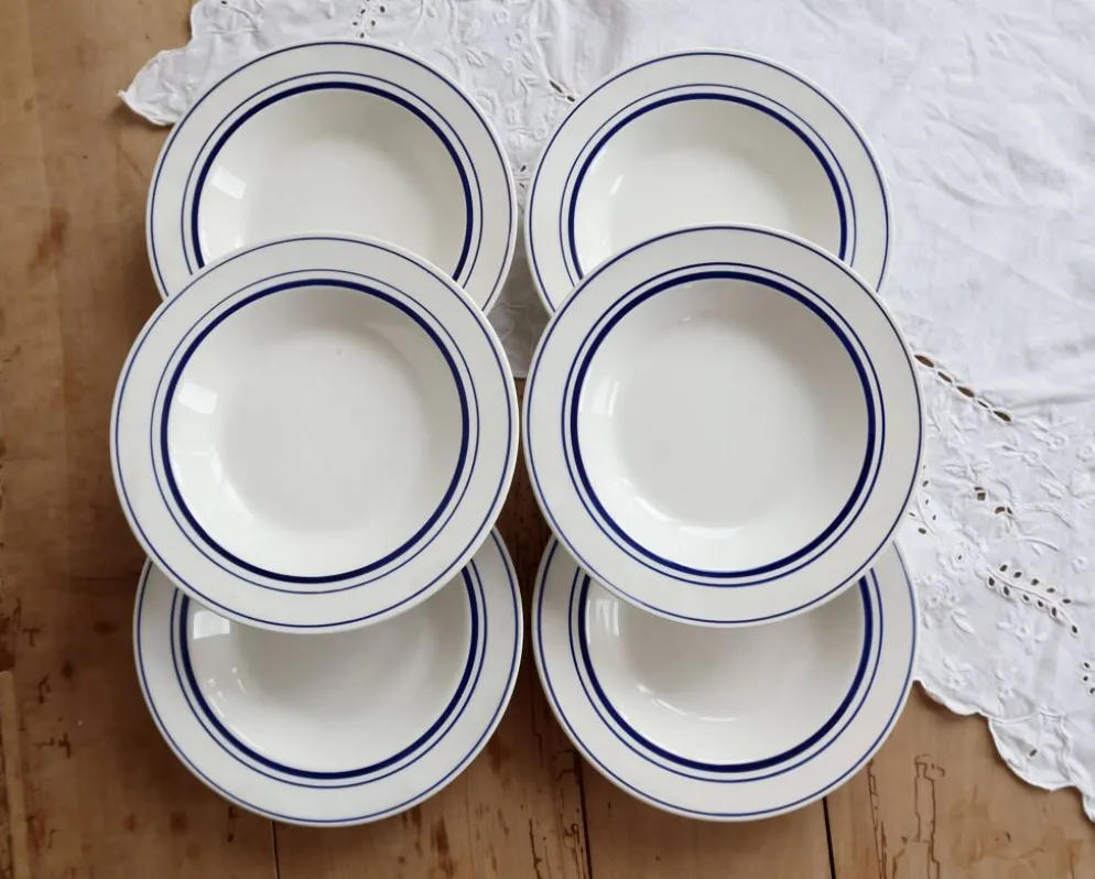 6 assiettes creuses vintage style bistrot porcelaine bleue et blanche