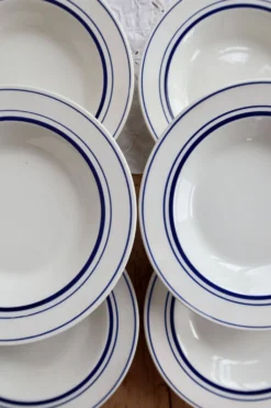 6 assiettes creuses vintage style bistrot porcelaine bleue et blanche