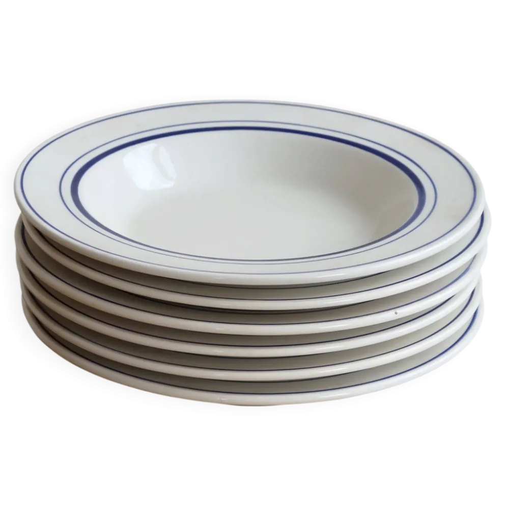 6 assiettes creuses vintage style bistrot porcelaine bleue et blanche