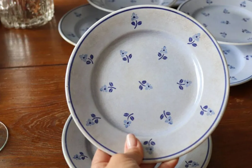 8 assiettes à dessert anciennes bleues fleuries faïencerie nouvelle