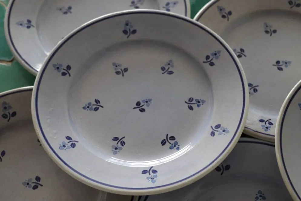 8 assiettes à dessert anciennes bleues fleuries faïencerie nouvelle